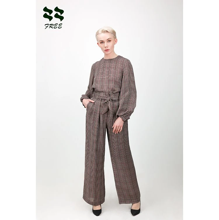 Womens Simple Long Sleeve Round Neck Check Blouse